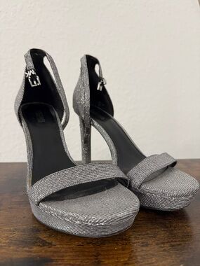 Michael Kors Metallic Silver Glitter Ankle-Strap Platform Heels